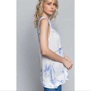 POL Boho Pleated Knit Tank Top Powder Blue Cloud White Tie-Dye